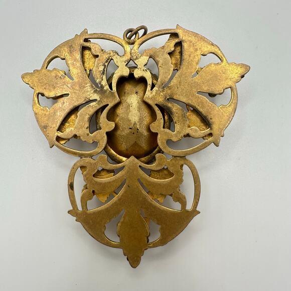 Antique Art Deco 1920s blue Czech glass rhinestone gold gilt grapes pendant - Picture 4 of 6